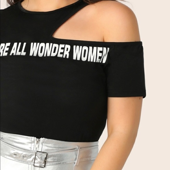 Plus Asymmetric Cutout Shoulder Slogan Print Tee - Picture 3 of 5